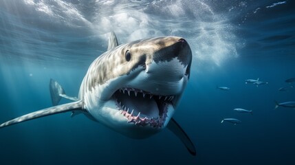Fototapeta premium Ocean shark bottom view from below. Open toothy dangerous mouth with many teeth. Neural network ai generated art