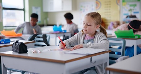 Students, classroom and girl with knowledge, writing and creativity with book, practice and pencil. Kids, school and smart with intelligent, learning and exam with assignment, project and studying