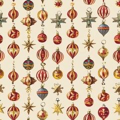A seamless pattern of Christmas ornaments and wrapping paper featuring Victorian-inspired designs, harmoniously arranged for a vintage feel