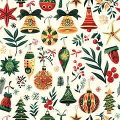 A seamless pattern showcasing Christmas ornaments and wrapping paper with traditional holiday icons like bells, holly, and mistletoe, intricately designed