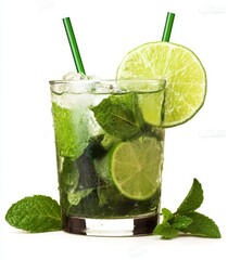 Fototapeta premium In this transparent background, you can see a mojito cocktail made with fresh green limes, mint, and ice cubes
