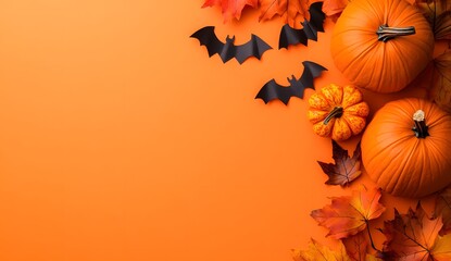 Halloween background with pumpkins, bats and autumn leaves on orange color surface. Flat lay top view copy space concept for Halloween holiday celebration banner