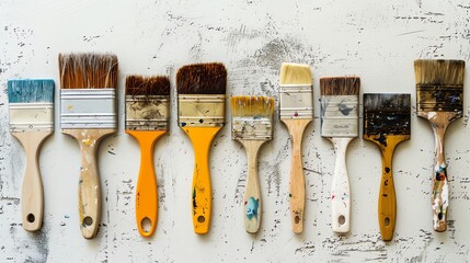 A row of paintbrushes of different sizes and styles on a white background.