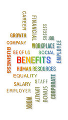 Vertical illustation of benefits keywords cloud with colorful text on white background - business concept.