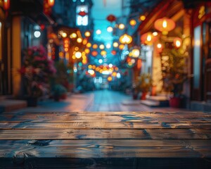 Classic wooden tabletop with a dynamic, colorful blurred street decor backdrop, sparkling bokeh lights adding charm