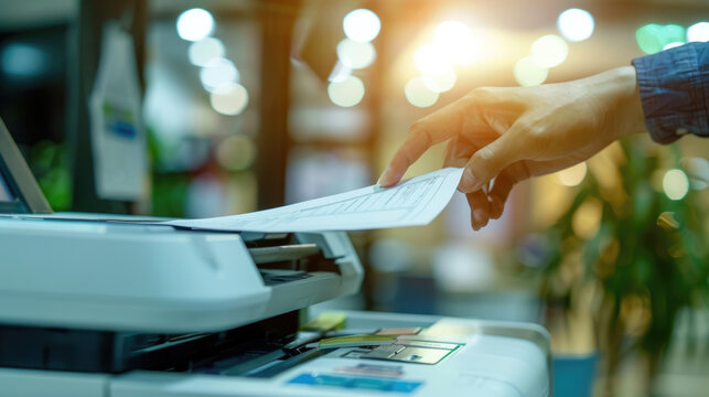 A person is using the copy machine to make a printed document, close-up of hand and printer with paper in office background