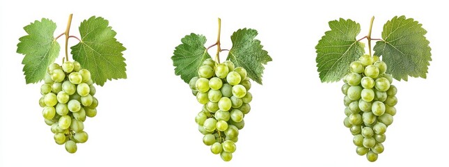 Isolated set of juicy grapes on a transparent background, green grapevines collection