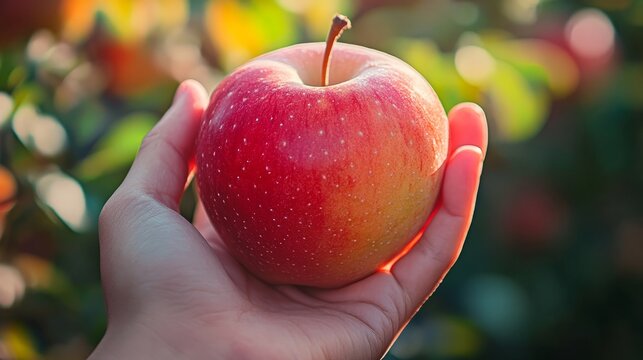 Freshly Picked Apple Held in Hand - Close-up Image