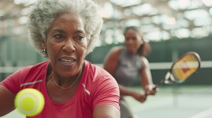An experienced woman confidently plays tennis with a younger partner on the court