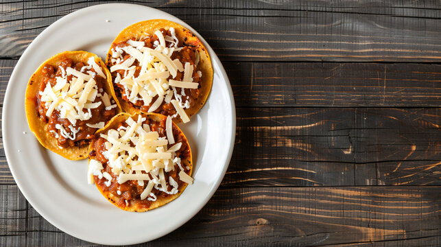 Three tasty tostadas with meat, cheese, sour cream and vegetables lying on white plate