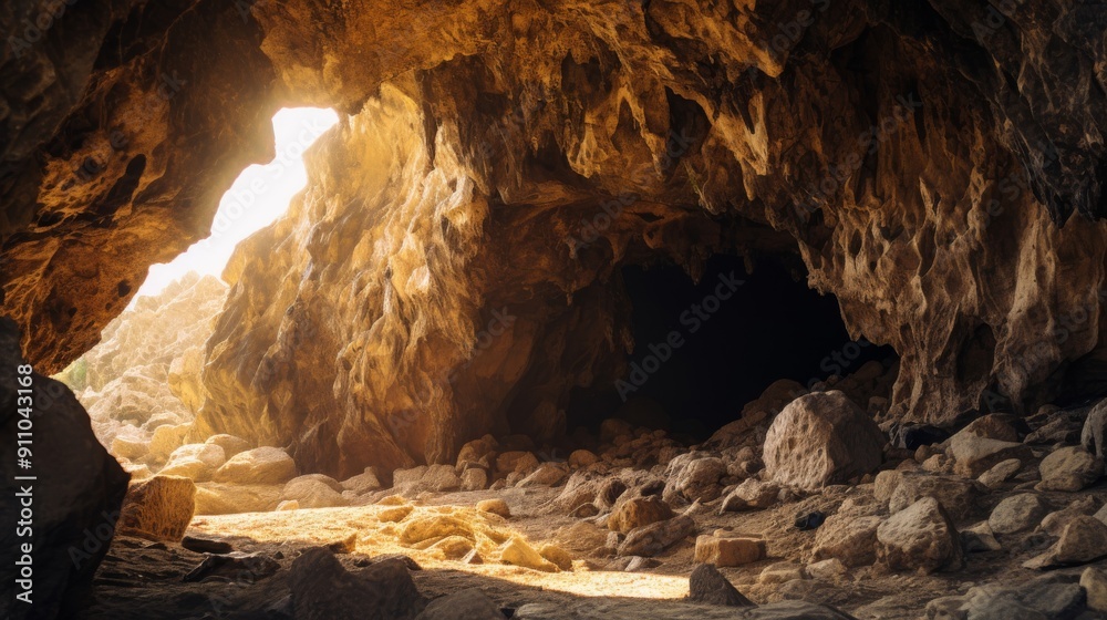 Sticker Entrance of cave bathed in warm sunlight