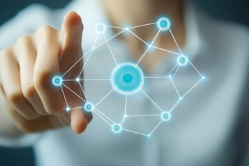 Professional interacting with a virtual network icon on a digital interface, symbolizing connectivity and communication High-resolution, detailed textures, crisp focus