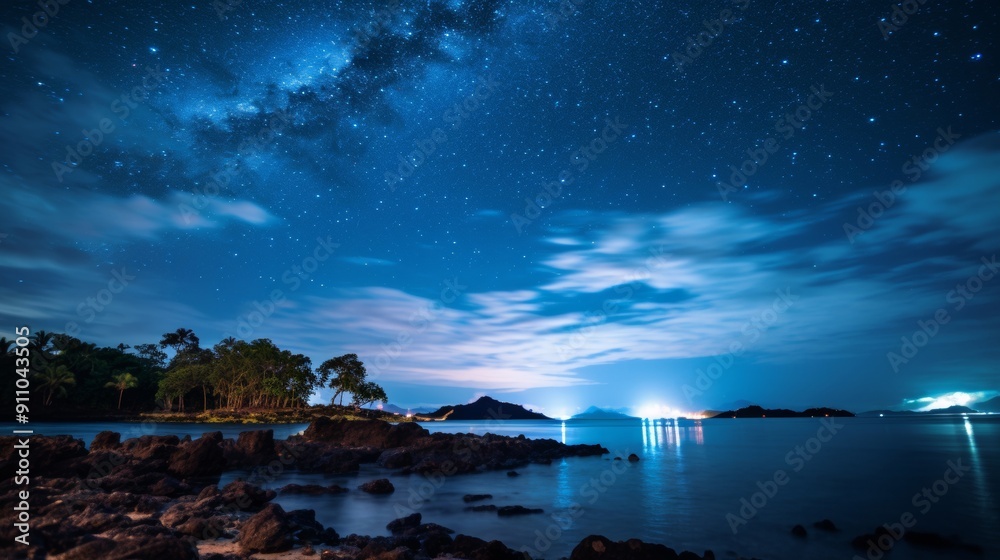 Wall mural Starry night sky over island paradise