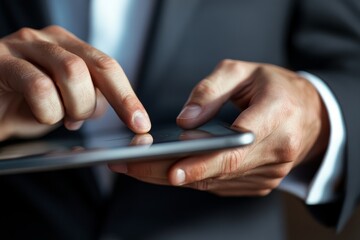 Businessman performing a software update on a tablet, representing technological advancement and maintenance High-resolution, detailed textures, crisp focus