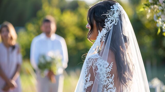 Close-up of the bride is veil and dress details during the ceremony, ultra-sharp focus and clear