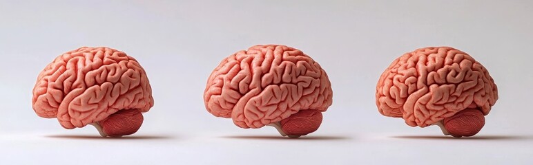 A collection of human brains, viewed from the side, front and top, isolated on transparent background