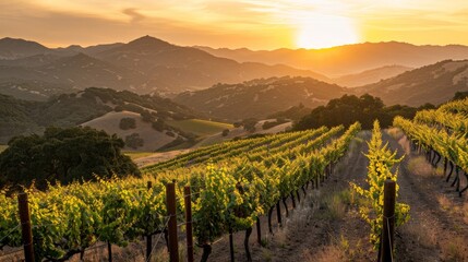 Fototapeta premium The tranquil vineyard stretches under the warm glow of the sunset, showcasing rows of lush grapevines and the rolling serenity of the landscape, painting a peaceful picture.
