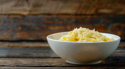 Ceramic bowl filled with pasta and sprinkled with cheese on a wooden table