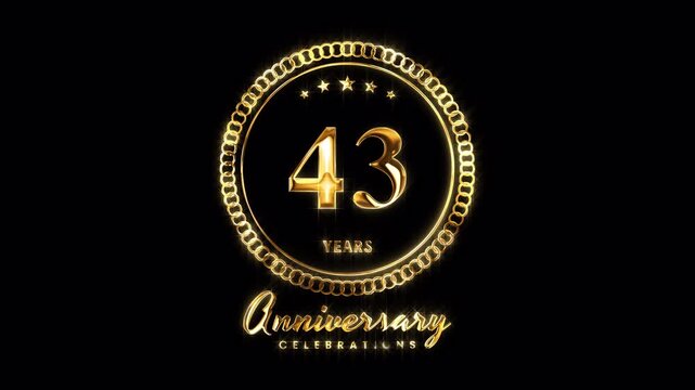 43rd Anniversary Celebration. Happy 43 Years Anniversary Animation in Gold Color on the Transparent Background, Alpha Channel. Great for greetings, celebrations, events, and gifts.