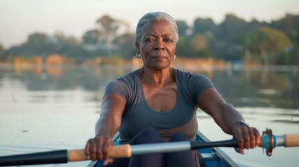 Senior woman rows a canoe peacefully on tranquil water at sunrise
