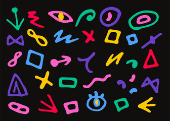 Set of colorful abstract creative hand drawn geometric shapes, doodles on dark background.