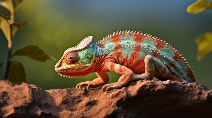Fototapeta premium Wide shot captures chameleon blending on rocky surface
