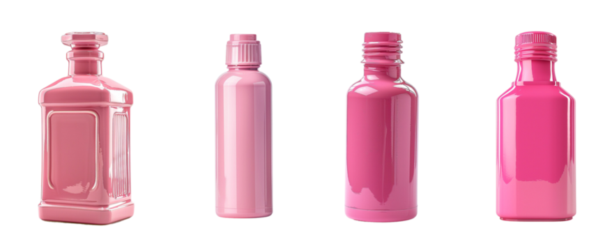 Pink cosmetic bottles isolated on transparent background, skincare makeup lotion potion