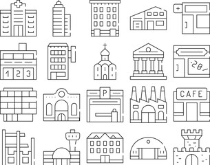 Building Architecture Collection Icons Set Vector. Hospital And Church, Government And Hotel Building, Parking And Factory, Cafe And Castle Black Contour Illustrations