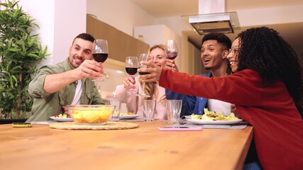 four adults, toasting, with red wine, dinner happy friends - Powered by Adobe