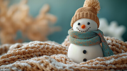 Obraz premium Smiley snowman with knitted hat and scarf on the snow inside