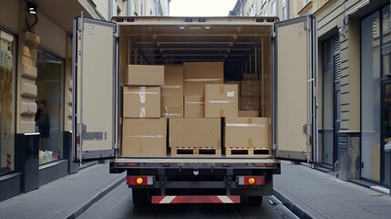An urban street setup with a truck loaded with several boxes, indicating the preparatory steps for a delivery service to ensure the timely distribution of goods in an urban environment.
