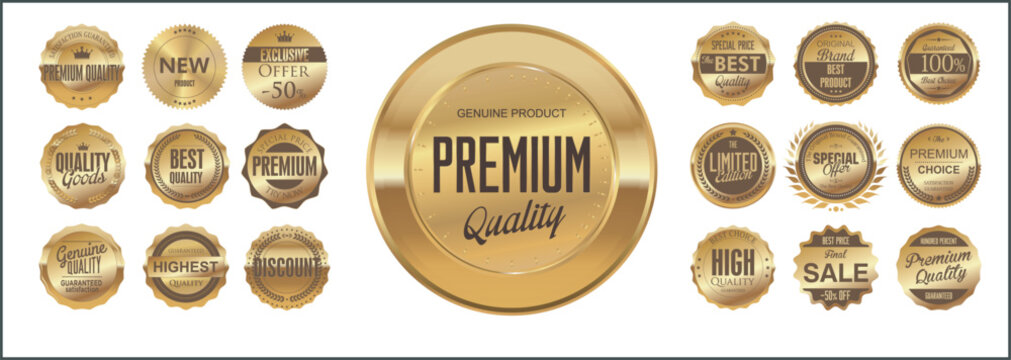 set of Gold badge set. For guaranteed, black ribbon, high quality, tag and banner. Can use for romote product or service. Luxury premium golden badges and labels, Four gold badges on white background
