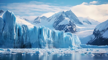 Photo of towering glacier with snow capped peak and waterfall
