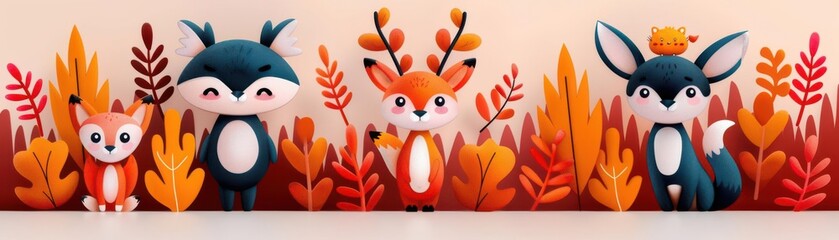 Seasonal forest, autumn foliage, woodland creatures, flat design illustration