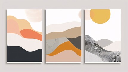 A set of three minimalistic abstract art posters with a continuous design, seamlessly connected across a white background for a modern look