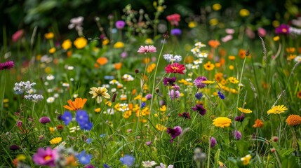 A colorful array of wildflowers including daisies and poppies in full bloom on a sunny day, creating a lively and picturesque meadow.