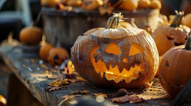 A carved pumpkin with a big, cheerful smile sits in a festive autumn setting, surrounded by colourful fallen leaves and other pumpkins adding to the Halloween charm.