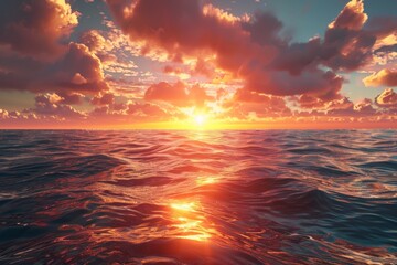 Fototapeta premium Enchanting sunset over the ocean with pink blossoms in the foreground.