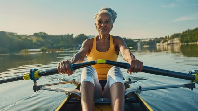 A senior woman enjoys rowing on a tranquil river during the early morning hours