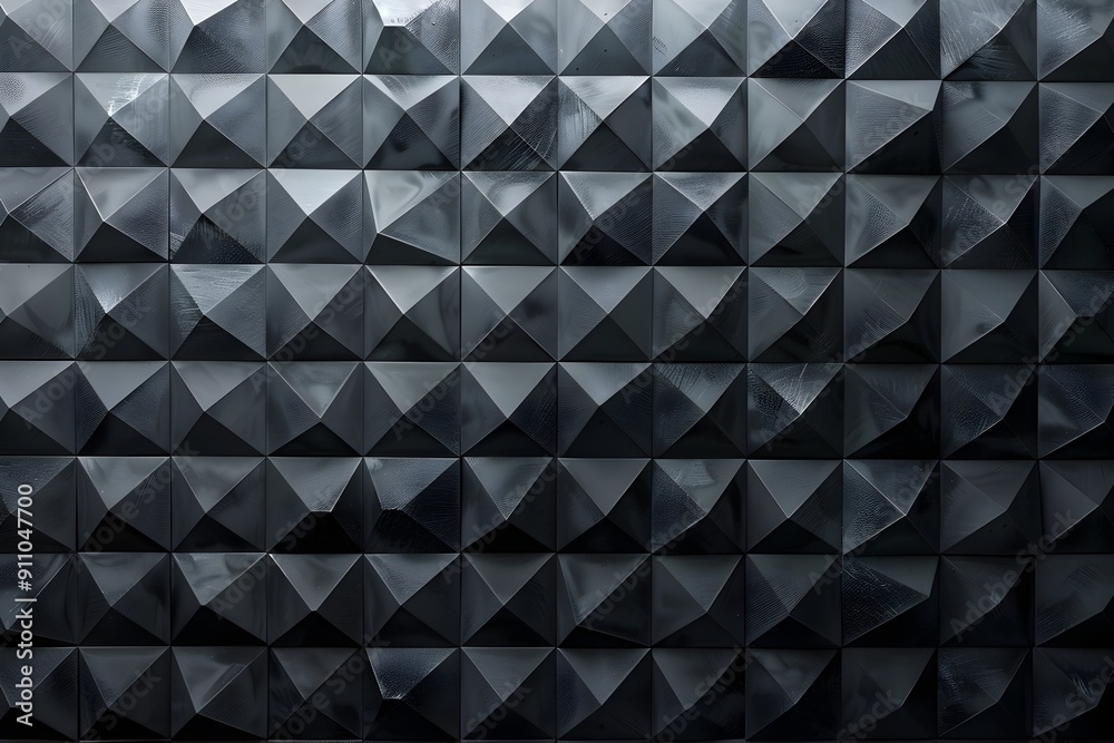 Poster a dark grey wall with an intricate geometric pattern, made of small triangular shapes arranged in pr