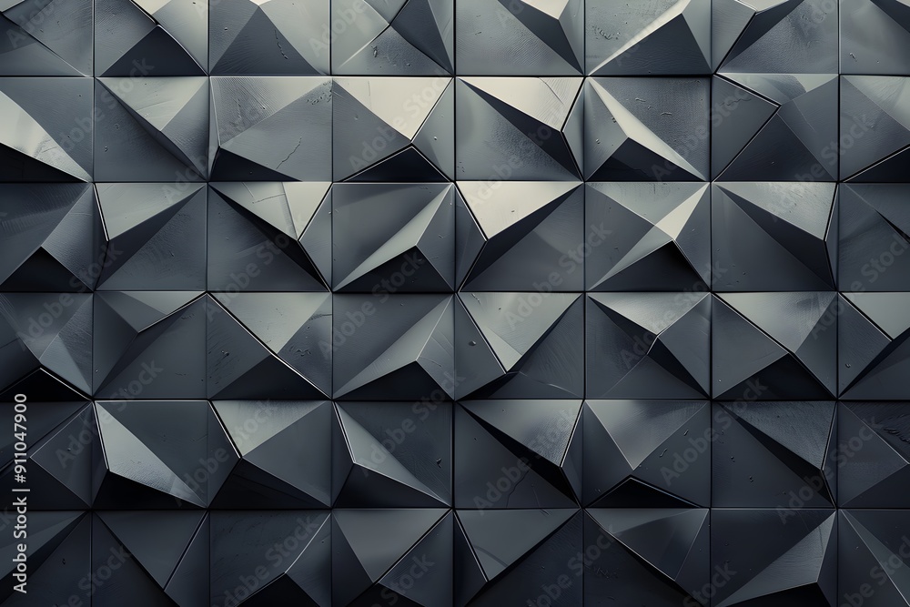 Poster a dark grey wall with an intricate geometric pattern, made of small triangular shapes arranged in pr