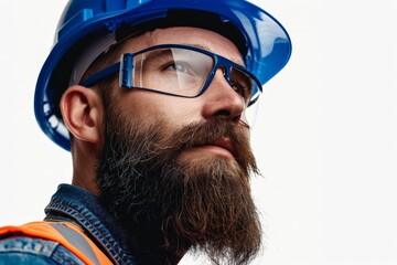 A construction worker's profile is seen with a blue hard hat and safety vest, emphasizing protective clothing and safety in the workplace for laborers.
