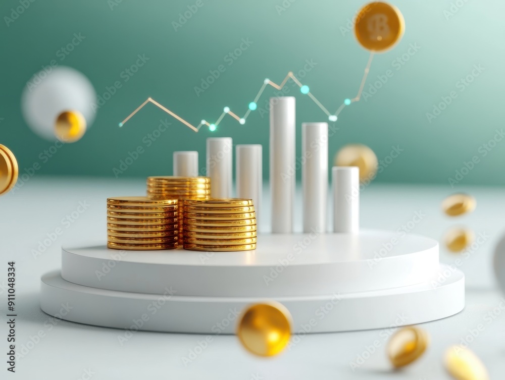 Wall mural modern financial growth concept with stacked coins and rising graph on abstract background