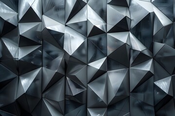 Obraz premium A high-resolution, photorealistic image of an architectural wall made from dark grey triangular shapes with some light coming through them. The texture is intricate and detailed, resembling the surfac