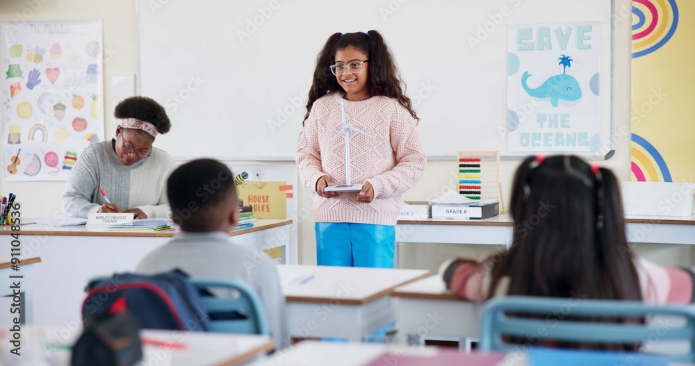 Aufkleber class, students and kid with presentation for learning, education or storytelling in elementary scho
