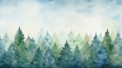 Fototapeta premium Watercolor pine forest with green and blue fir trees standing in a misty woodland landscape.
