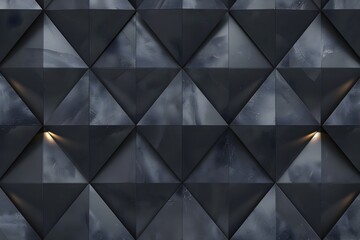 Obraz premium A seamless pattern of dark grey metal tiles with light reflecting off the surface, creating an abstract geometric background. The pattern is symmetrical and tile-like, with each diamond-shaped tile pl
