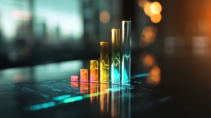 Modern Data Visualization with Colorful Bar Graphs on Digital Interface in Futuristic Office Setting