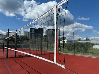 close-up sports equipment volleyball net on closed court competition matches details