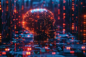 Digital brain composed of glowing circuits in a data center.
